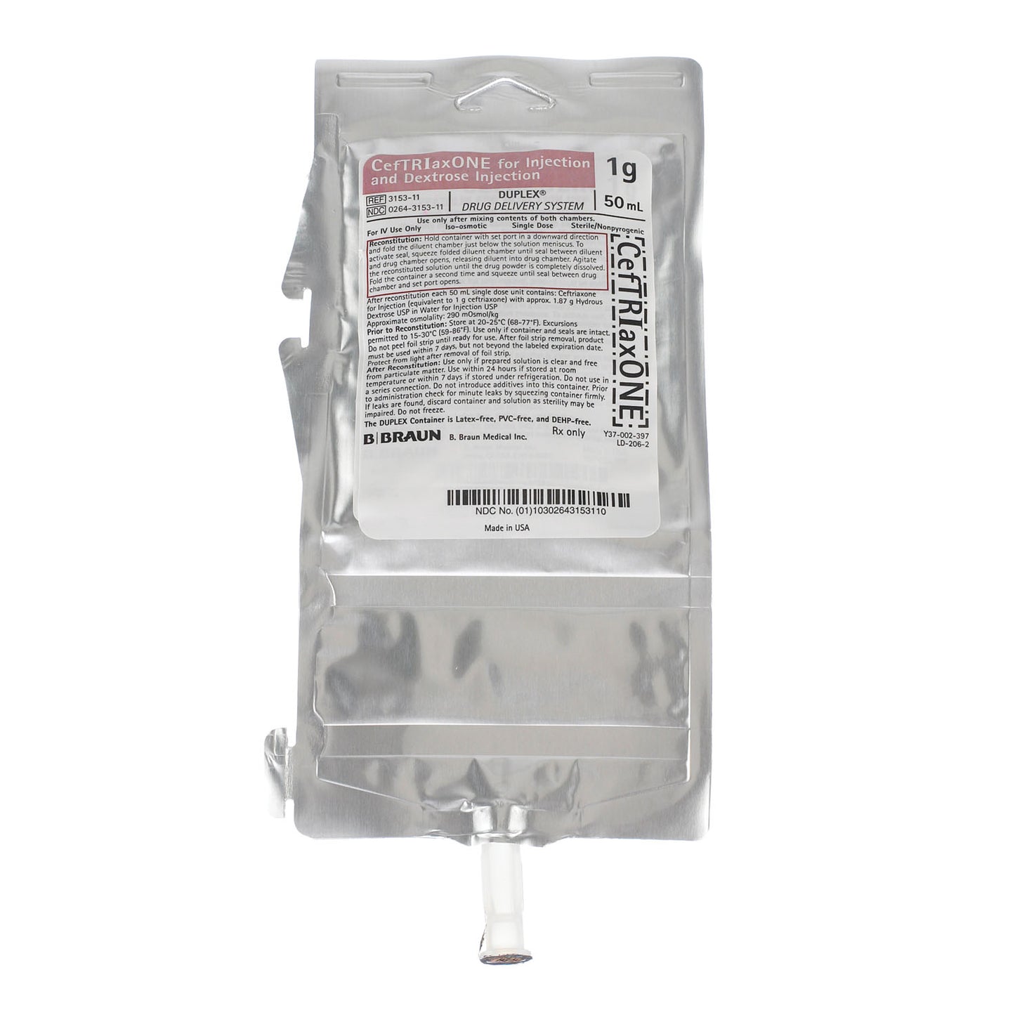 1g CefTRIaxONE For Injection & Dextrose Injection, 50mL (Rx) (Item is Non-Returnable), 24/cs (Continental US+HI Only, Excluding IN and ND)