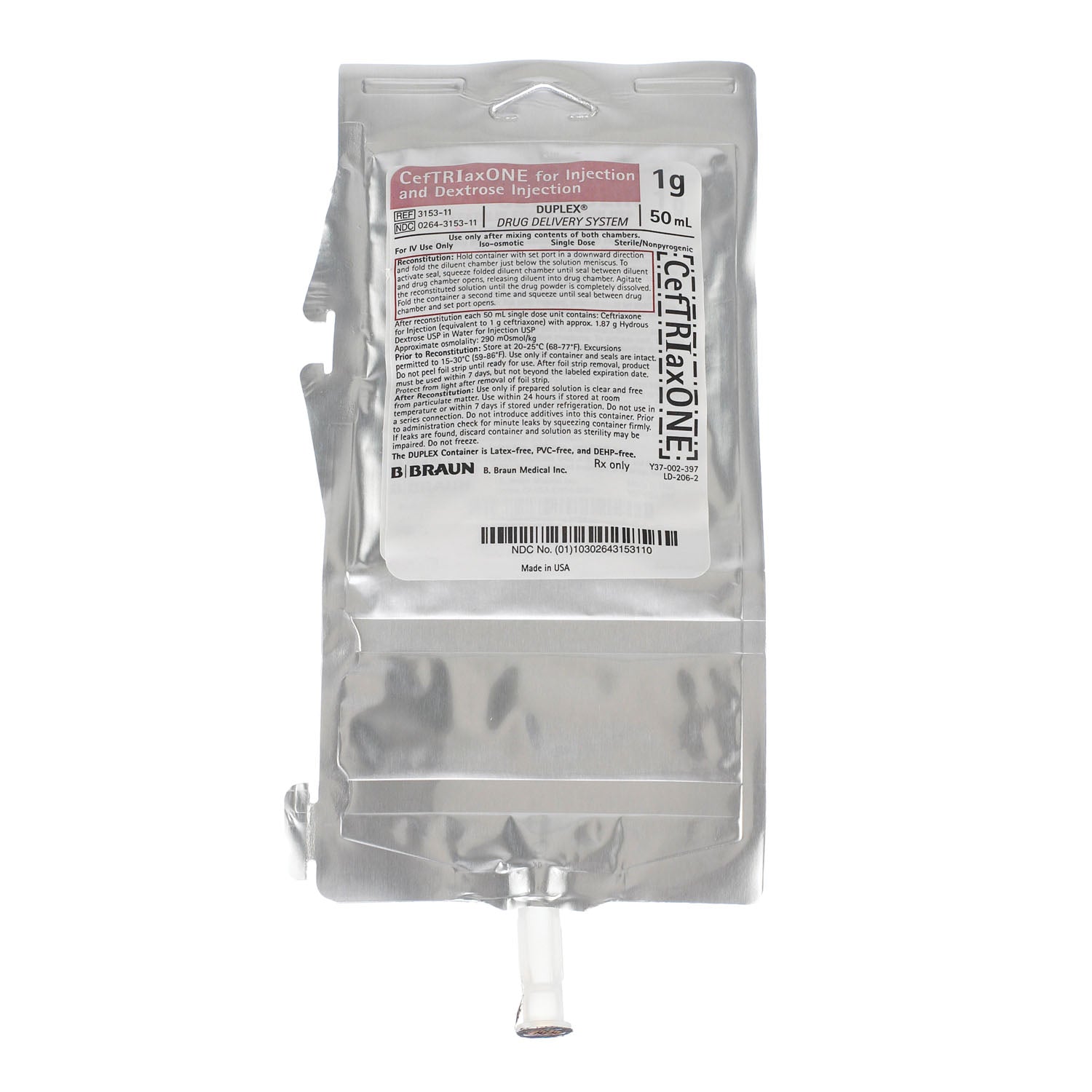 1g CefTRIaxONE For Injection & Dextrose Injection, 50mL (Rx) (Item is Non-Returnable), 24/cs (Continental US+HI Only, Excluding IN and ND)