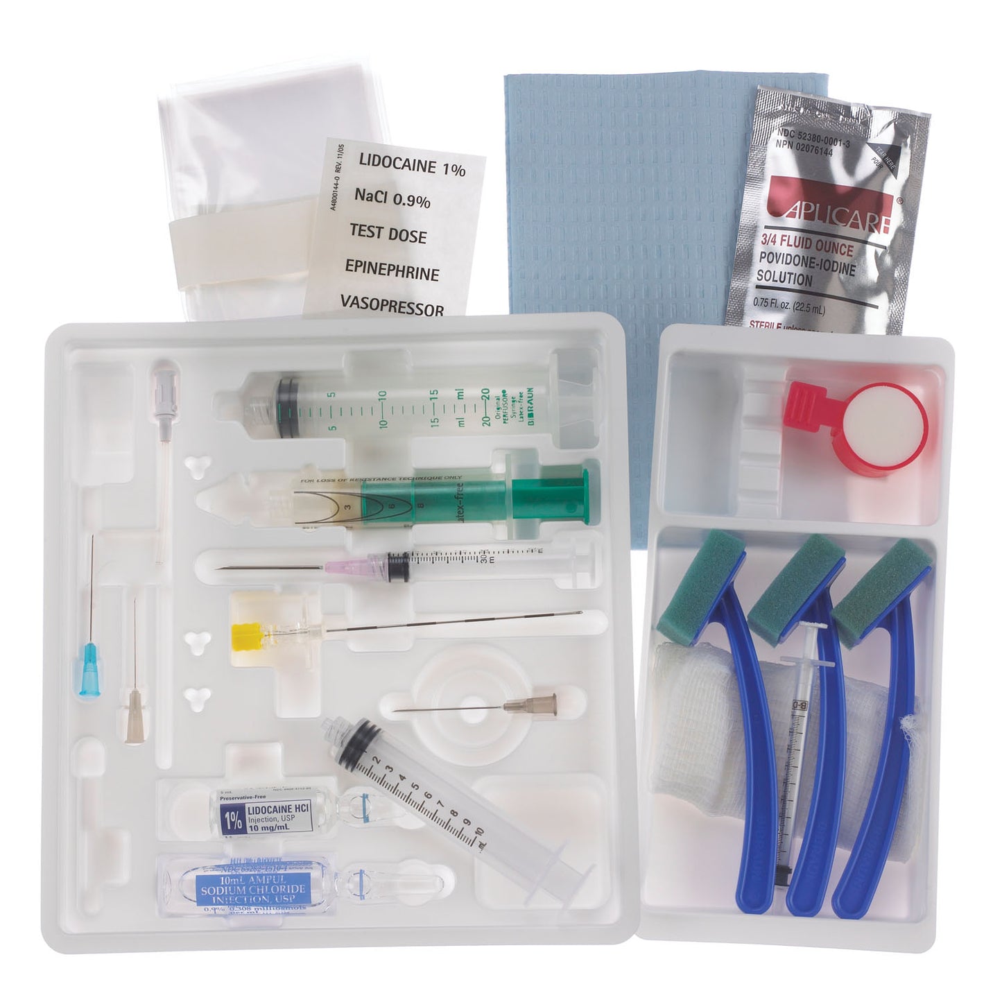 Single Dose Epidural Tray, 20G x 3_" Tuohy Needle, Metal Stylet, Winged, 25G x 1_" & 27G x 1_" Skin Wheal/ Infiltration Needle, 22G x 1_" Infiltration Needle, 3mL Luer Lock Syringe with Pre-Attached 18G x 1_" Needle, 8mL Plastic LOR Luer Lock Syringe, 1mL Luer Slip Plastic Syringe, 10ml Luer Lock Plastic Syringe, 20ml Luer Lock Plastic Syringe, Lidocaine HCl (1%) 5ml (skin wheal), 10ml Sodium Chloride (0.9%) LOR Diluent, 10cs (Rx) (Item is Non-Returnable) (Continental US+HI Only, Excluding IN and ND)