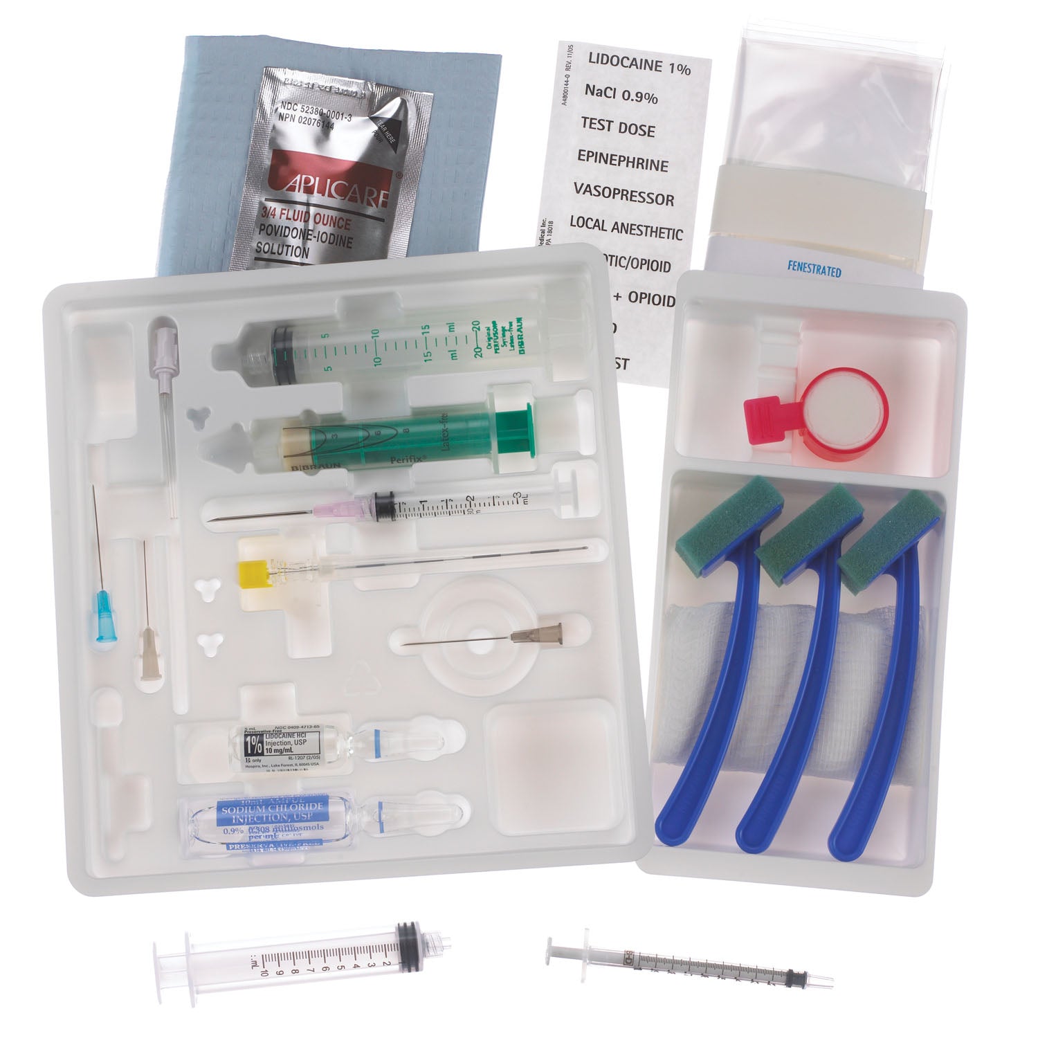 Single Dose Epidural Tray, 20G x 3_" Tuohy Needle, Metal Stylet, Winged, 25G x 1_" & 27G x 1_" Skin Wheal/ Infiltration Needle, 22G x 1_" Infiltration Needle, 3mL Luer Lock Syringe with Pre-Attached 18G x 1_" Needle, 8mL Plastic LOR Luer Slip Syringe, 1mL Luer Slip Plastic Syringe, 10ml Luer Lock Plastic Syringe, 20ml Luer Lock Plastic Syringe, Lidocaine HCl (1%) 5ml (skin wheal), 10ml Sodium Chloride (0.9%) LOR Diluent, 10cs (Rx) (Item is Non-Returnable) (Continental US+HI Only, Excluding IN and ND)