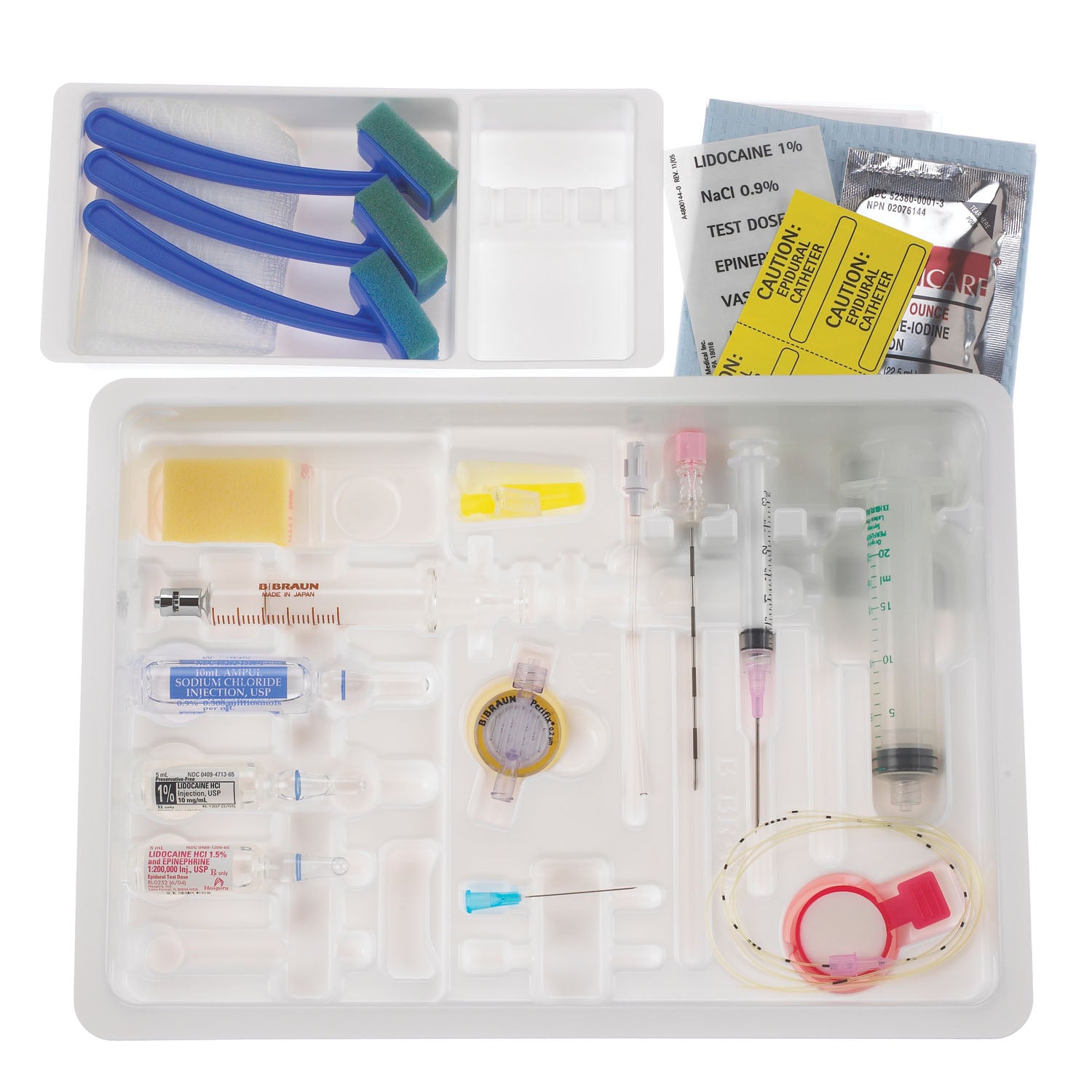 Continuous Epidural Tray, Perifix 18G x 3.5" Tuohy Winged Needle, 25G x 1.5" Hypodermic Needle, 18G x 1.5" Hypodermic Needle with 3ml Plastic Luer Lock Syringe, 5ml Glass Luer Lock, Metal Tip LOR Syringe, 20ml Plastic Luer Lock Syringe, 20G Closed Tip Epidural Catheter (with 6 lateral sideports), Lidocaine HCl (1%) 5ml (skin wheal), Lidocaine HCl (1.5%) with Epi, 5ml (test) dose, 10ml Sodium Chloride (0.9%) LOR Diluent, 10cs (Rx) (Item is Non-Returnable) (Continental US+HI Only, Excluding IN and ND)