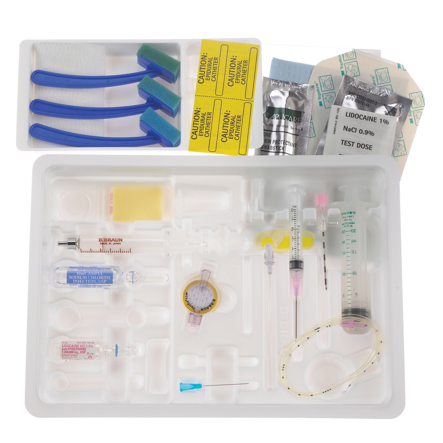 PERIFIX ONE Pediatric Epidural Tray, 18G x 2" Tuohy Needle Winged, 25G x 1_" Skin Wheal/ Infiltration Needle, 3mL Luer Lock Syringe, Pre-Attached 18G x 1_" Needle, 5mL Glass LOR Luer Slip Metal Tip Syringe, 20ml Plastic Luer Lock Syringe, 20G & 24G Closed Tip Epidural Catheters with Six Lateral Sideports, Lidocaine HCI (1.5%) with Epi, 5ml (test dose), 10ml Sodium Chloride (0.9%) LOR Diluent, 10cs (Rx) (Continental US+HI Only)