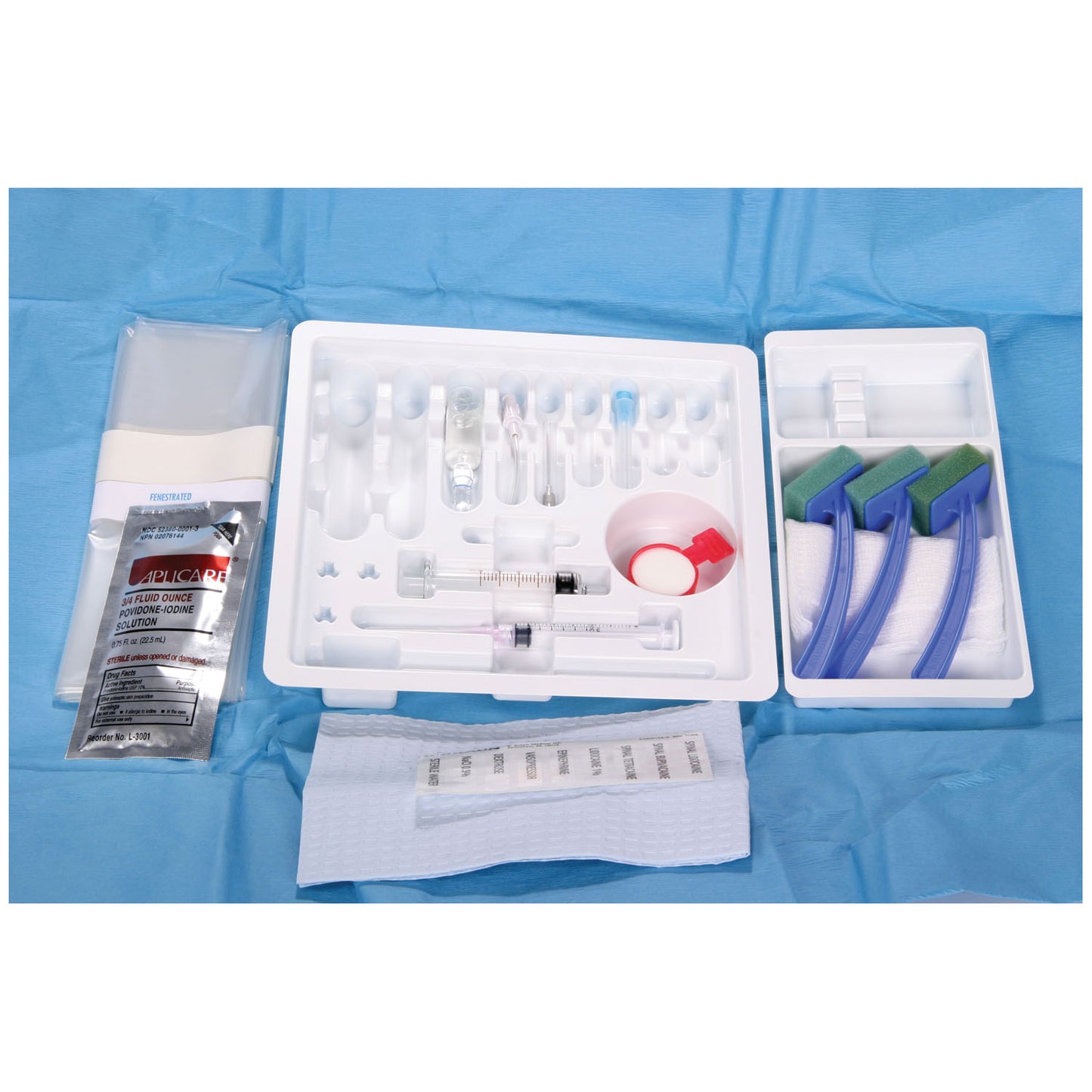 Spinal Tray, 20G x 1_" TW Introducer Needle, 25G x 1_" Skin Wheal/ Infiltration Needle, 3cc Luer Lock Syringe, Pre-Attached 18G x 1_" Needle, Lidocaine HCI 1% 5mL (skin wheal), Filter Straw, Drape (Rx) (Item is Non-Returnable), 10/cs (Continental US+HI Only, Excluding IN and ND)