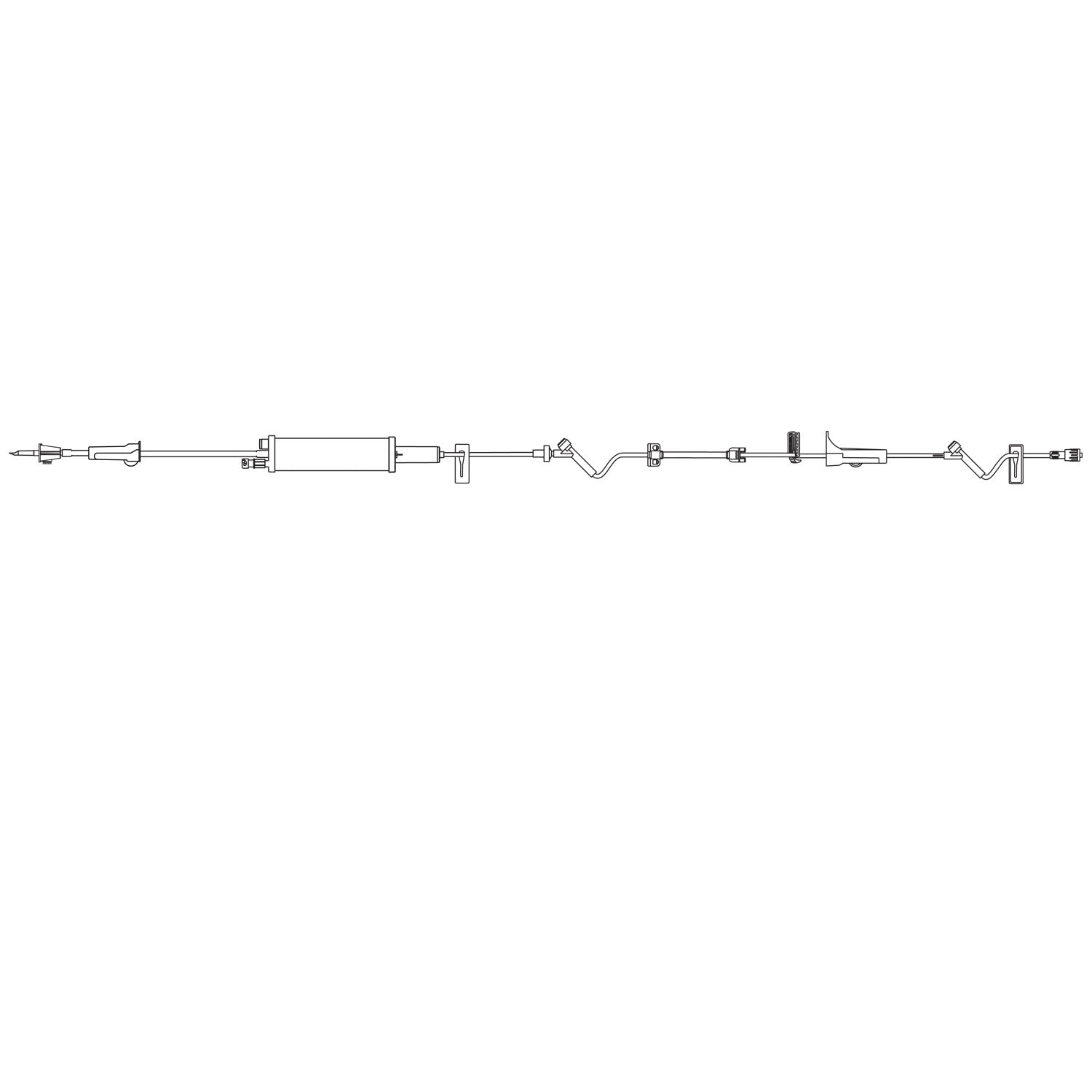 Burette Set, No Automatic Shutoff, Non-Vented Spike, Roller Clamp, 150mL Burette, 15 Micron Air Guard Filter & SAFELINE Injection Site, Slide Clamp, Pressure Limited Check Valve, Flow Restrictor, Two SAFELINE Injection Sites, Free Flow Protection Clamp, Roller Clamp, Slide Clamp, SPIN LOCK Connector, 60 Drops/mL, DEHP & Latex Free (LF), 19mL Priming Volume, 120"L, 20/cs (Rx) (Continental US+HI Only)