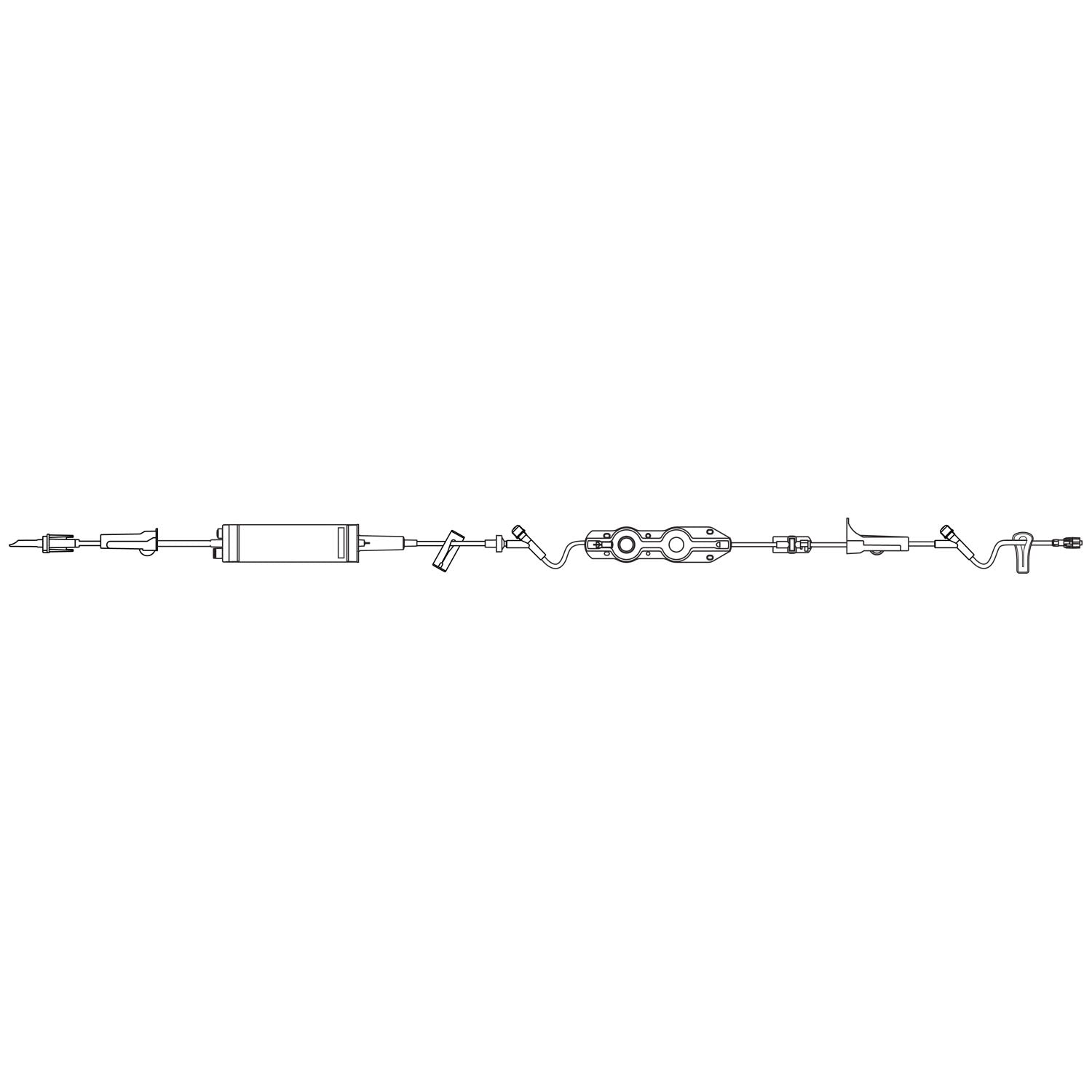Pump Set, Non-Vented Spike, Roller Clamp, 150mL Burette Chamber, 15 micron air guard filter, Slide Clamp, Pressure Limited Check Valve, Free-Flow Protector Clip, Roller Clamp, 2 Injection Sites, SPIN-LOCK Connector, Latex Free (LF), 25 mL Priming Volume, 120"L, 60 Drops/mL, 20/cs (Rx) (Continental US+HI Only)