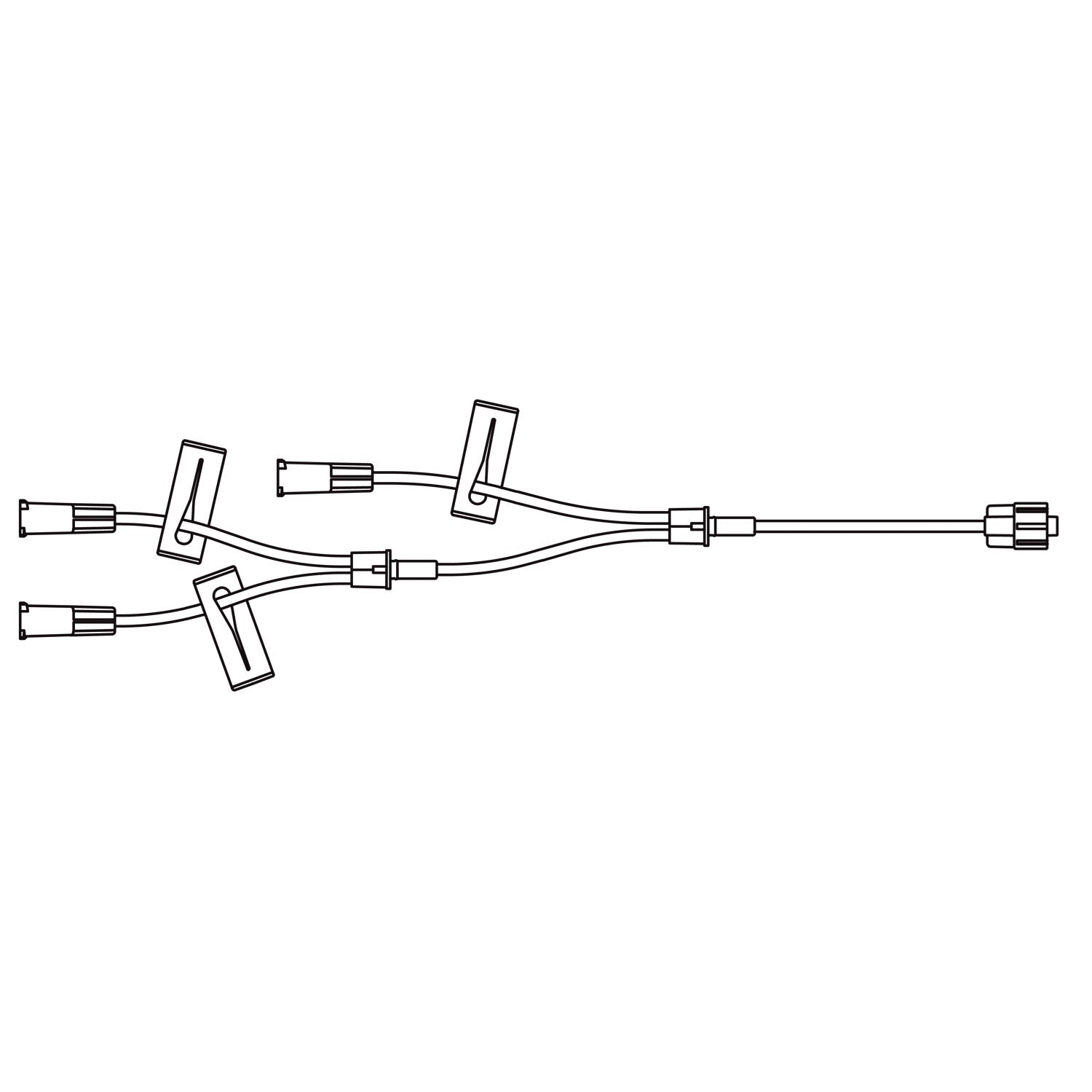 Small Bore Triple-Leg Extension Set, 3 Proximal Female Luer Lock Connections, 1 Distal Male Luer Lock Connection, 3 Slide Clamps, 0.7 mL Priming Volume, 9"L, DEHP & Latex Free (LF), 100/cs (Rx) (Continental US+HI Only)