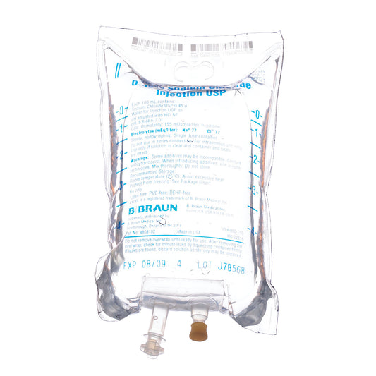 Sodium Chloride Injections, 0.45%, 500mL, EXCEL Container (Rx) (Item is Non-Returnable), 24/cs (Continental US+HI Only, Excluding IN and ND)&nbsp;&nbsp;<Strong style="color:red">Max weekly quantity allowed: 10</Strong>