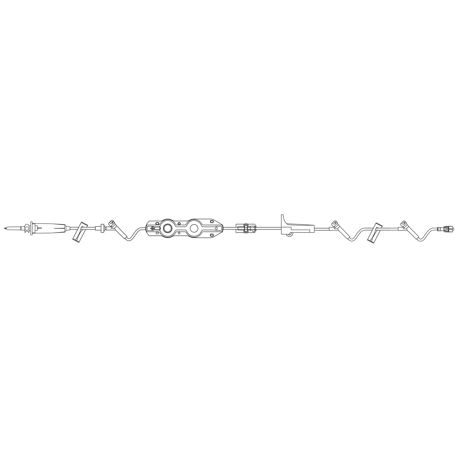 Pump Set, Non-Vented Spike, Backcheck Valve, SAFELINE Injection Sites 94", 68" & 6" Above Distal End, Free-Flow Protector Clip, Roller Clamp, Slide Clamp, SPIN-LOCK Connector, Latex Free (LF), 24mL Priming Volume, 120"L, 60 drops/mL, 24/cs (Rx) (Continental US+HI Only)