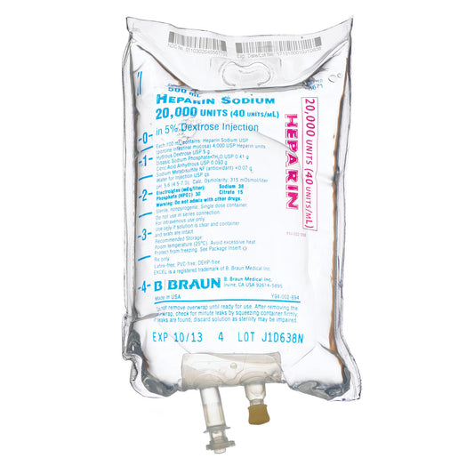 20,000 Units Heparin in 5% Dextrose Injection, 40 Units/mL, 500mL, EXCEL Container (Rx) (Item is Non-Returnable), 24/cs (Minimum Expiry Lead is 90 days) (Continental US+HI Only, Excluding IN and ND)