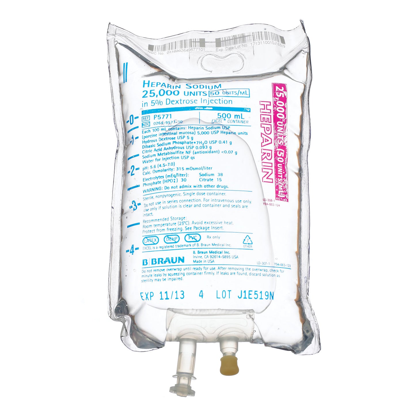 25,000 Units Heparin in 5% Dextrose Injection, 50 Units/mL, 500mL, EXCEL Container (Rx) (Item is Non-Returnable), 24/cs (Continental US+HI Only, Excluding IN and ND)
