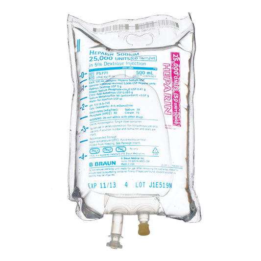 25,000 Units Heparin in 5% Dextrose Injection, 50 Units/mL, 500mL, EXCEL Container (Rx) (Item is Non-Returnable), 24/cs (Continental US+HI Only, Excluding IN and ND)