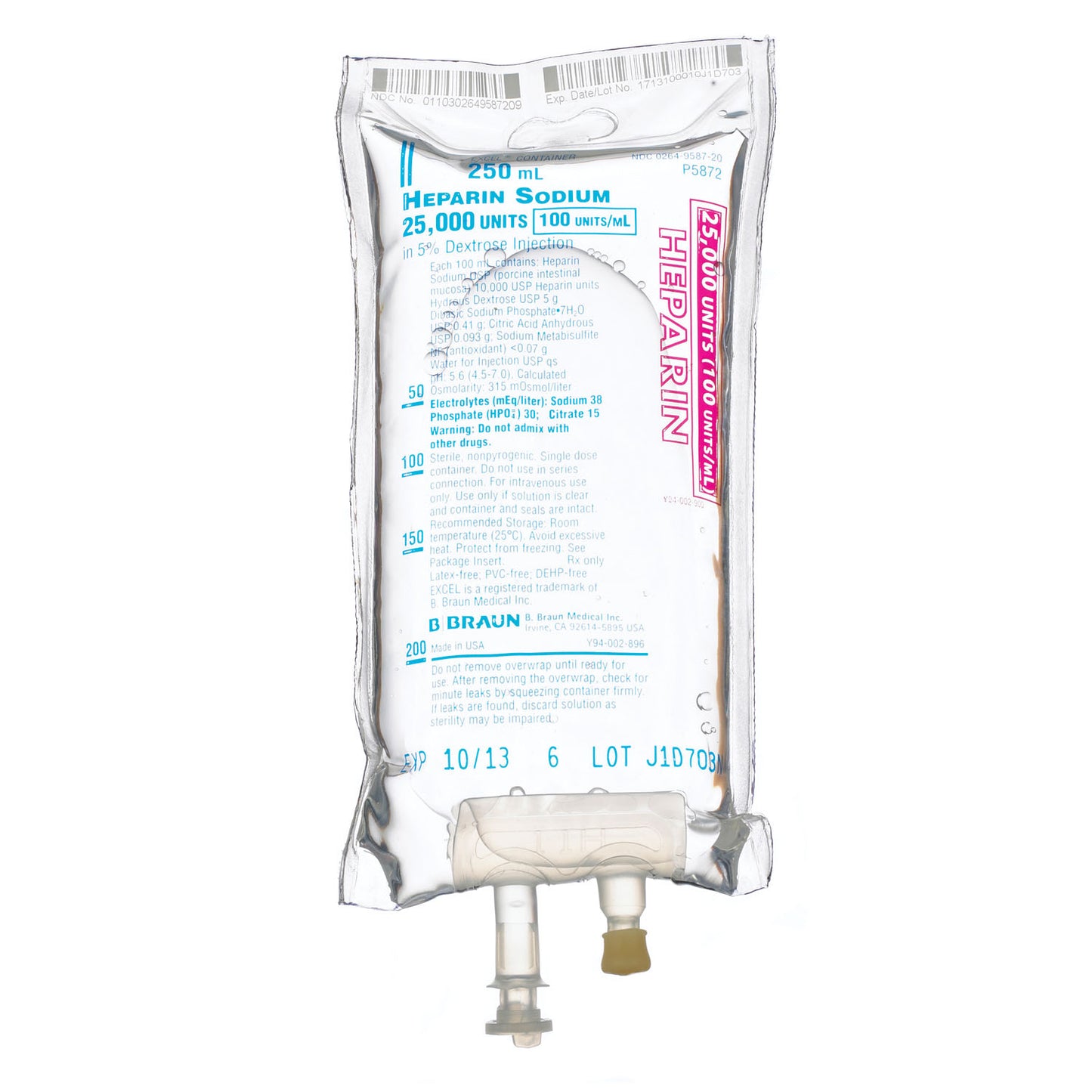 25,000 Units Heparin in 5% Dextrose Injection, 100 Units/mL, 250mL, EXCEL Container (Rx) (Item is Non-Returnable), 24/cs (Continental US+HI Only, Excluding IN and ND)