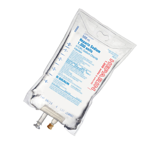 1,000 Units Heparin in 0.9% Sodium Chloride Injection, 2 Units/mL, 500mL, EXCEL Container (Rx) (Item is Non-Returnable), 24/cs (32 cs/plt) (Continental US+HI Only, Excluding IN and ND) (Item is on Manual Allocation - Quanitities are Limied)
