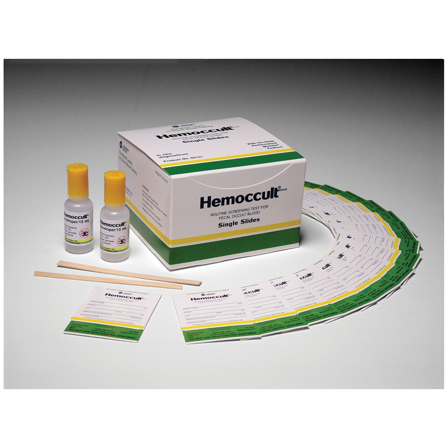 Each Box Contains: (100) Hemoccult Single Slides (Test Cards), (2) 15mL Bottles of Developer, (100) Applicators & Instructions, 10 bx/cs (Minimum Expiry Lead is 90 days) (Item is Non-Returnable) (US & Canada Only) (Item is considered HAZMAT and cannot ship via Air or to AK, GU, HI, MP, PR, VI)