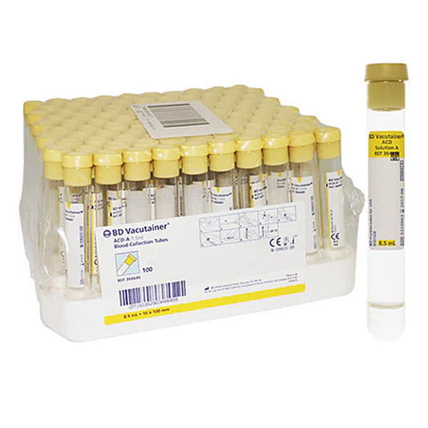 Glass Tube, Conventional Stopper, 16 x 100mm, 8.5mL, Yellow, Paper Label, ACD Solution A of Trisodium Citrate 22.0g/L, Citric Acid 8.0g/L & Dextrose 24.5g/L, 1.5mL, 100/bx (Minimum Expiry Lead is 90 days)  (Temp Sensitive; Non-Returnable) (Continental US Only) (Drop Ship Requires Pre-Approval)