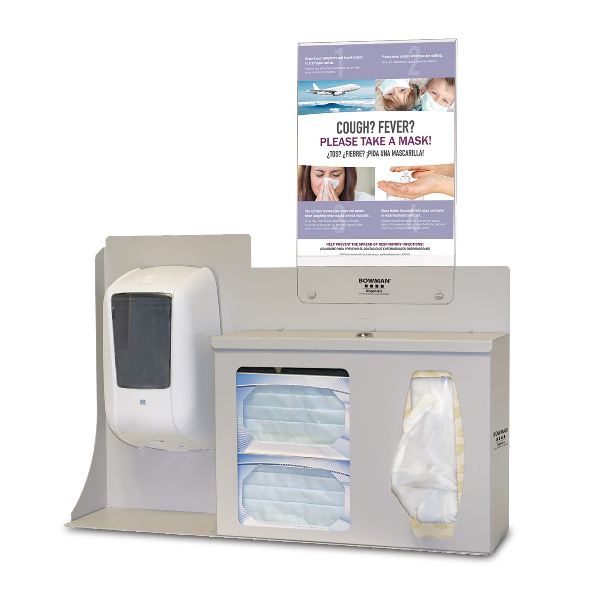 Cover Your Cough Compliance Kit, Includes: (1) BOWMAN Respiratory Hygiene Station (RS005-0212), (1) BOWMAN Floor Stand (KS010-0412) and (1) BOWMAN Sign Holder (MP-070) (Made in the USA)