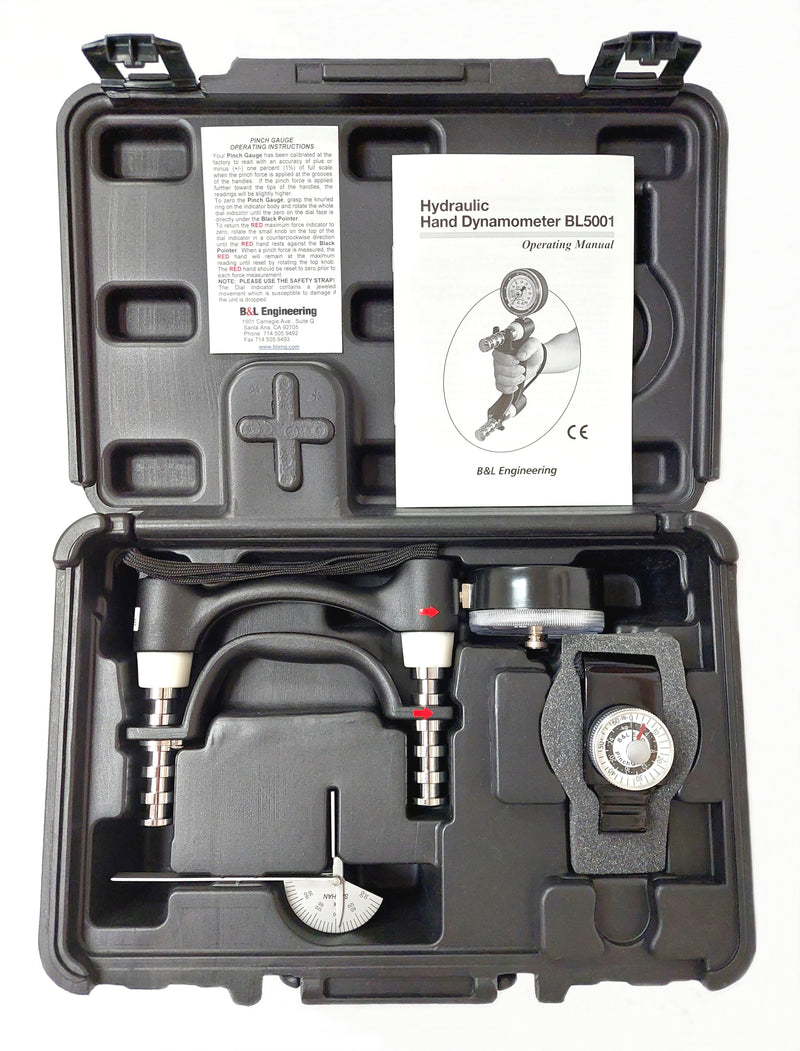 3-Piece Hand Evaluation Kit Includes: (1) BL5001 Dynamometer, (1) PG-10 Pinch Gauge, 5_" Stainless Steel Finger Goniometer & Plastic Case