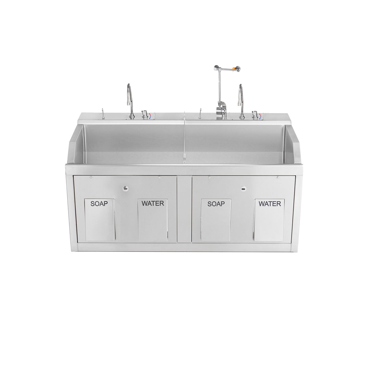 Lodi Scrub Sink, (2) Place, Wall Mounted, Knee Action Control, Soap Dispenser, Infrared Water Control, Eyewash, Digital Timer (DROP SHIP ONLY)