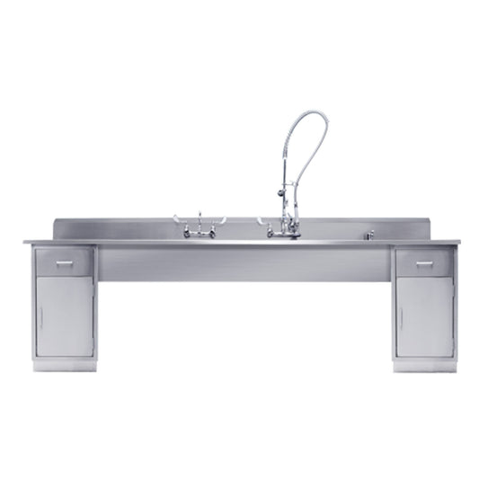 Decontamination Station 116"W x 26 1/2""D, (8") Backsplash, (3) 25"W x 18"H X 10"D Bowls, (1) Waste Lever Drain w/ Overflow, Marine Edge, Bowls Etched w/Gallon & Liter Measures (DROP SHIP ONLY)