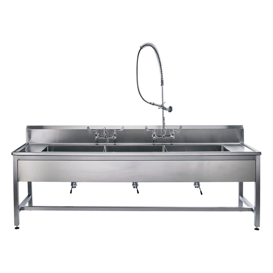 Decontamination Station 116"W x 26 1/2"D, (8") Backsplash, (3) 25"W x 18"H x 10"D Bowls, Stainless Steel SQ Tube Base, Adjustable Flanged Fet w/Marine Edge, Bowls Etched w/Gallon & Liter Measures (DROP SHIP ONLY)