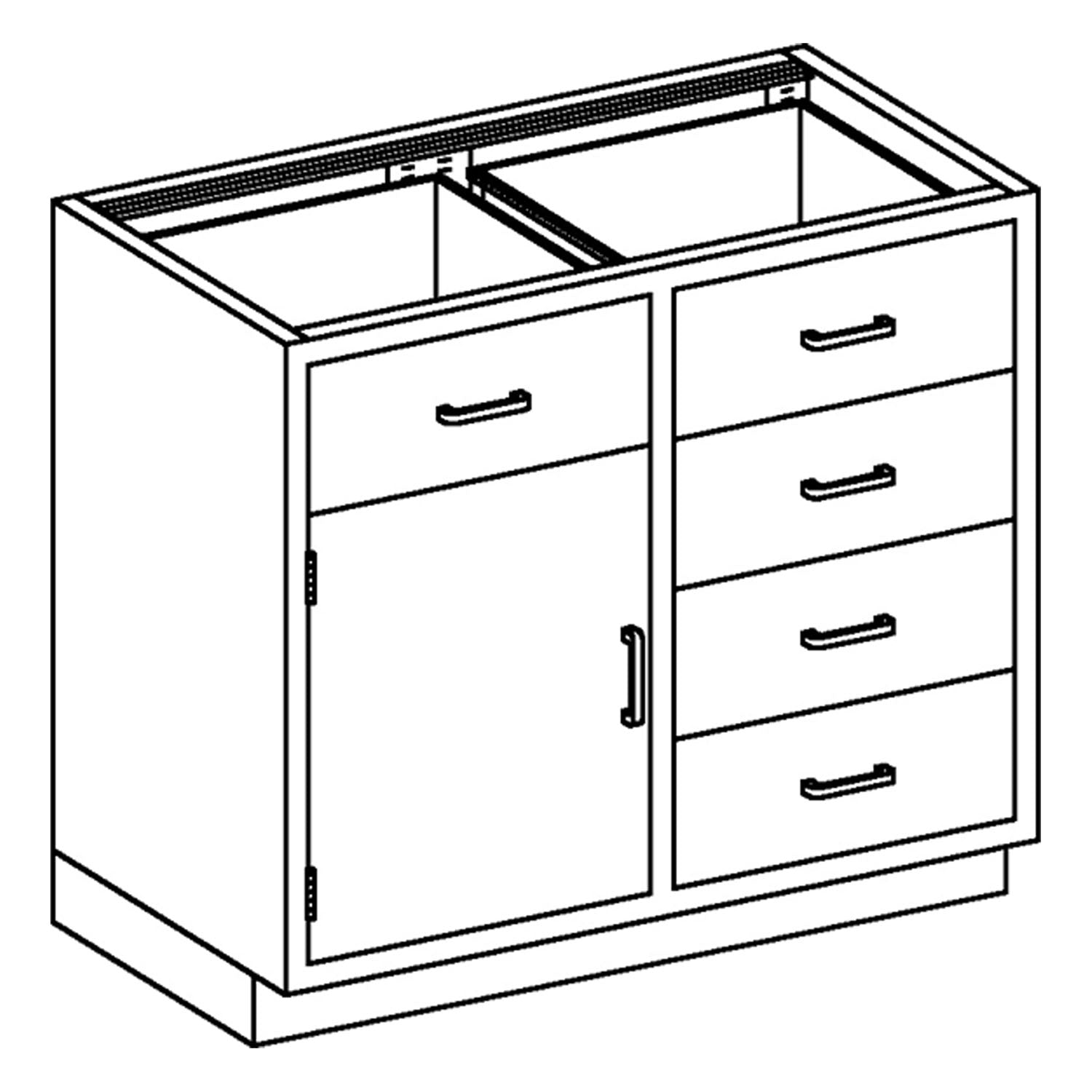 Base Cabinet 35"W x 35 3/4"H x 22"D, (1) Stainless Steel Half Size Adjustable Shelf, (4) 1/4-1/2 Drawers, 35" Over (1) 3/4"H Hinged Door (DROP SHIP ONLY)