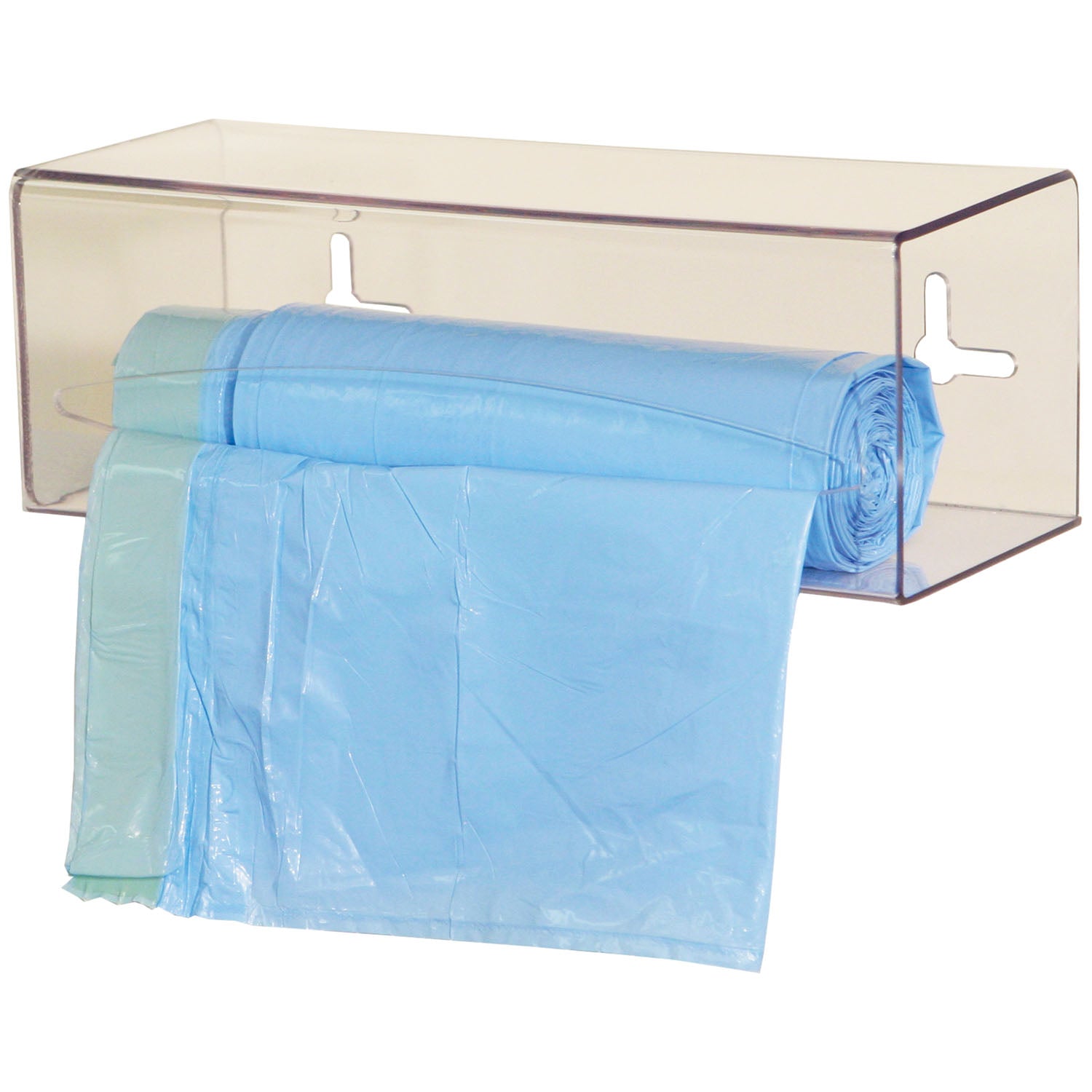 Bag Dispenser, Single, Holds One Roll of Bags up to 9" Long, Two-Way Keyholes For Vertical Or Horizontal Wall Mounting, Clear PETG Plastic, 10 1/8"W x 3 5/8"H x 3 15/16"D (Made in USA)