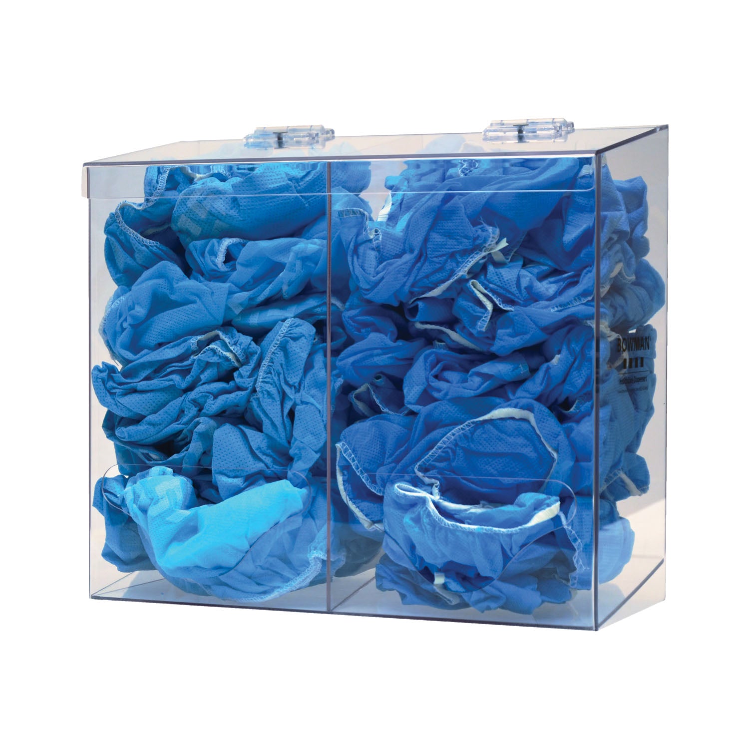 Bulk Dispenser, Double Bin, Holds a Variety of Protective Apparel in Bulk, Dual Compartments with Hinged Lid, Openings at Front Bottom, Keyholes For Wall Mounting, Clear PETG Plastic, 12_"W x 11 1/8"H x 5_"D (Made in USA)