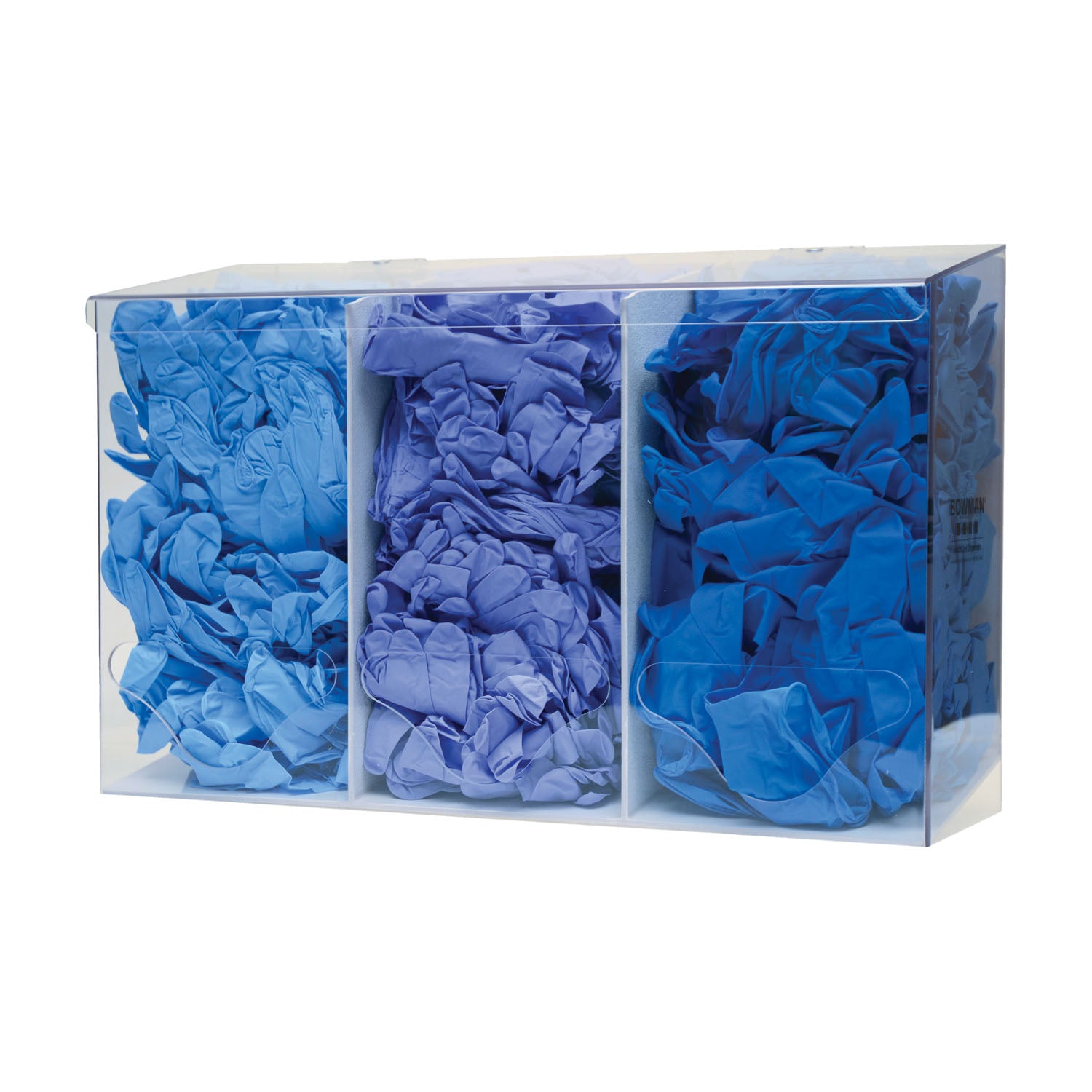 Bulk Dispenser, Triple Bin, Holds a Variety of Protective Apparel in Bulk, Triple Compartments with Hinged Lid, Openings at Front Bottom, Keyholes For Wall Mounting, Clear PETG Plastic, 17_"W x 11 3/16"H x 6 1/16"D