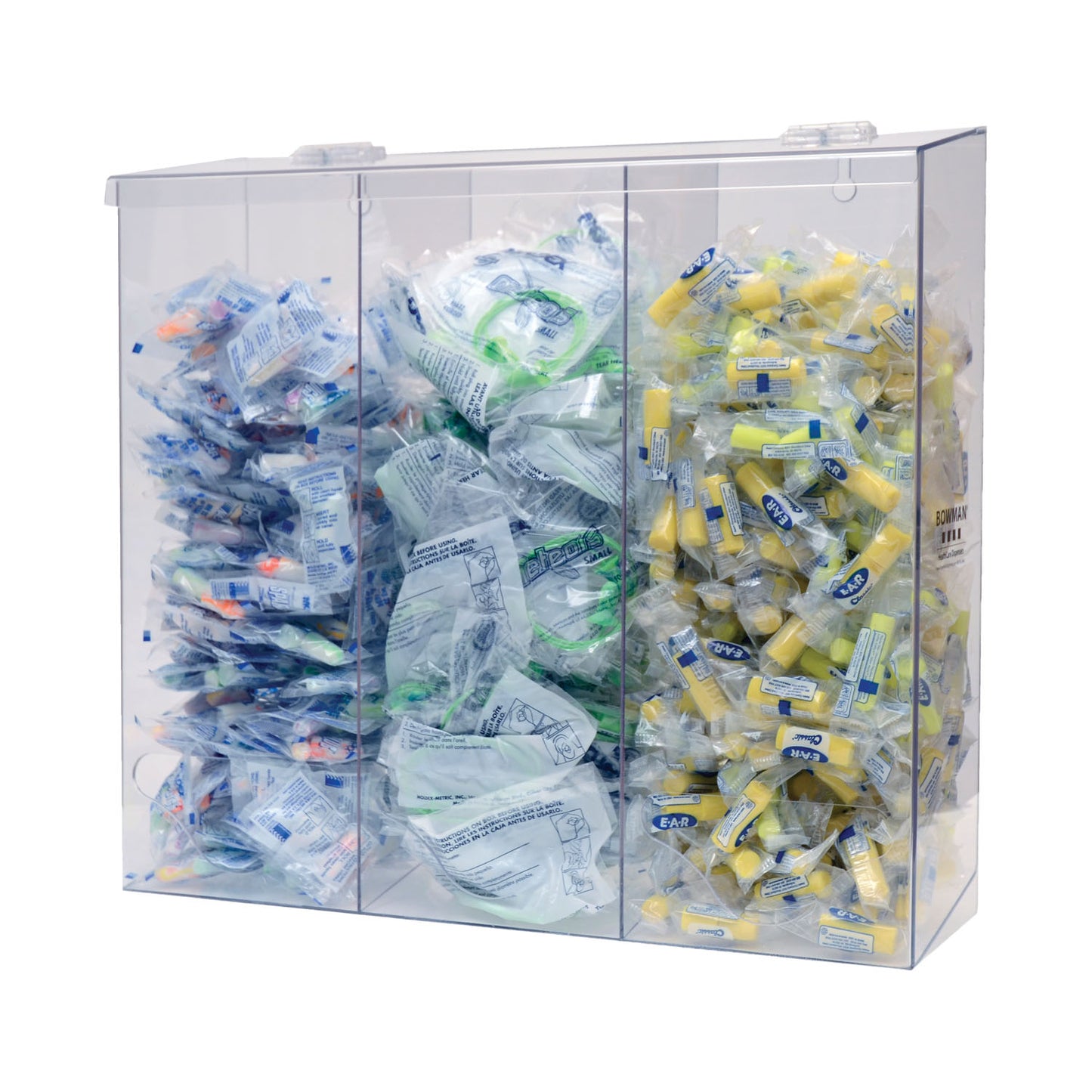 Bulk Dispenser, Tall Triple Bin, Holds a Variety of Protective Apparel in Bulk, Triple Compartments with Hinged Lid, Openings at Front Bottom, Keyholes For Wall Mounting, Clear PETG Plastic, 18 3/8"W x 17 1/16"H x 5_"D