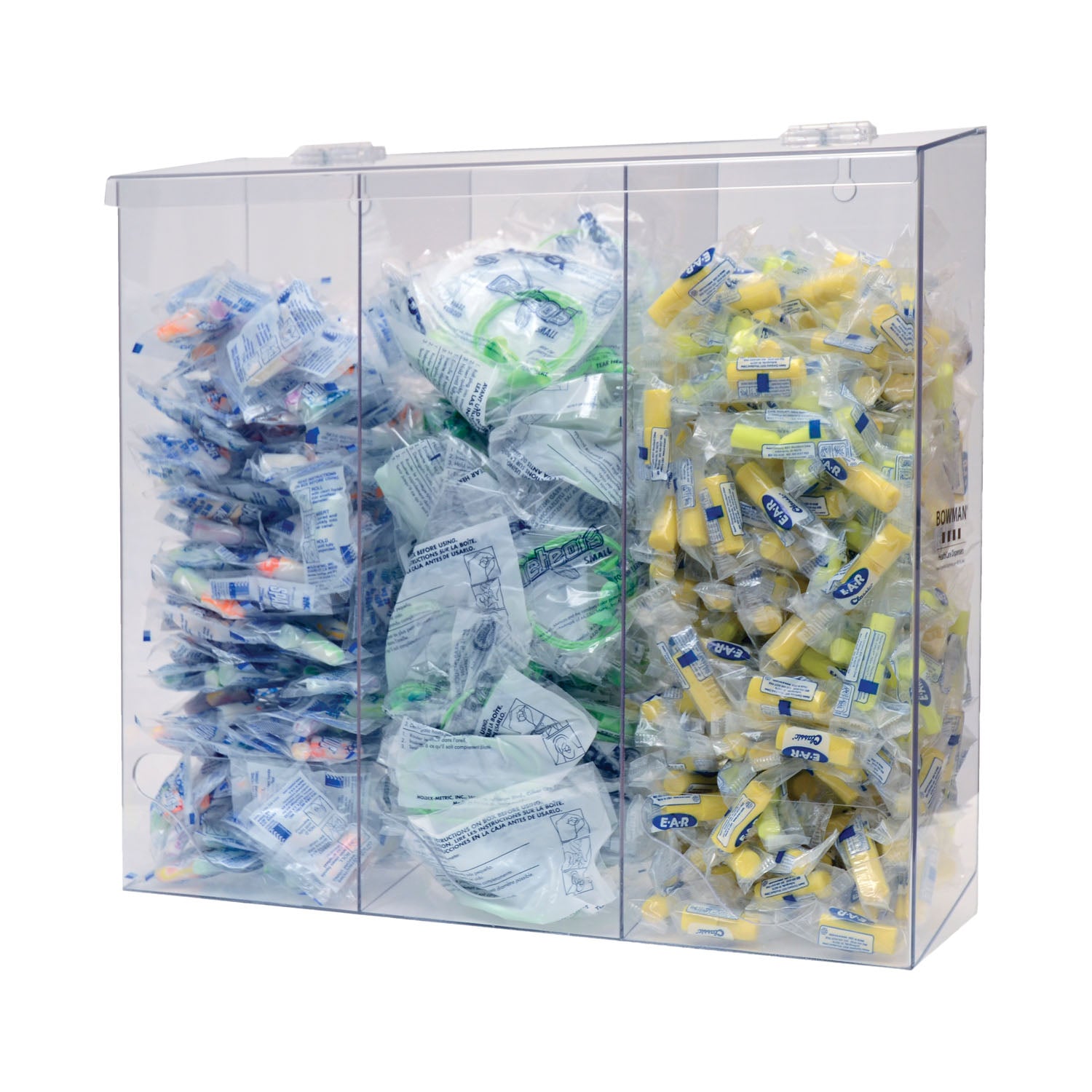 Bulk Dispenser, Tall Triple Bin, Holds a Variety of Protective Apparel in Bulk, Triple Compartments with Hinged Lid, Openings at Front Bottom, Keyholes For Wall Mounting, Clear PETG Plastic, 18 3/8"W x 17 1/16"H x 5_"D