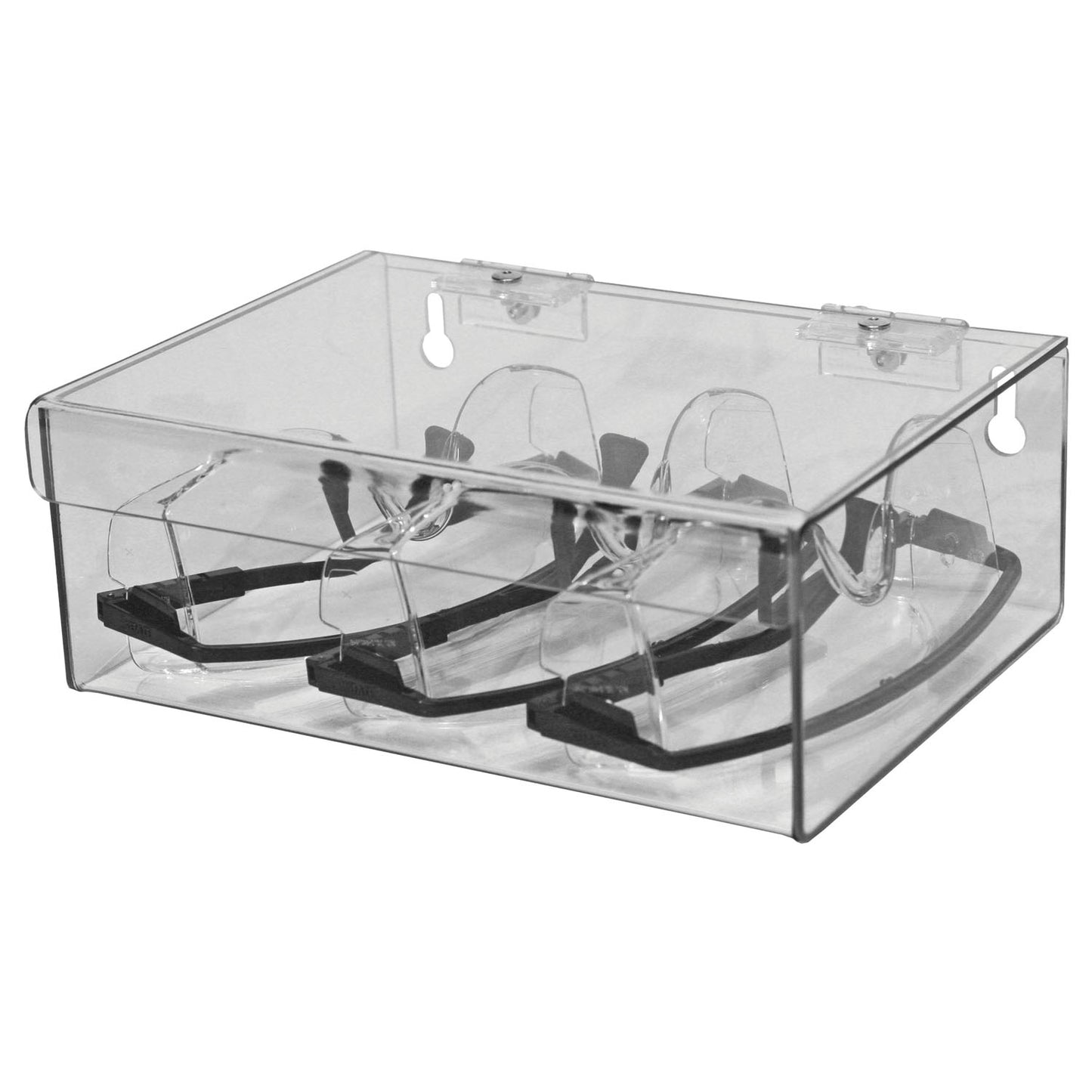 Eyewear Dispenser, Hinged Lid Top, Holds up to 6 pr of Safety Glasses, Keyholes For Wall Mounting, Clear PETG Plastic, 9_"W x 3 7/16"H x 6 15/16"D (Made in USA)