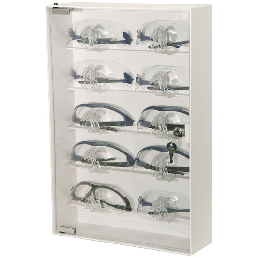 Eyewear Cabinet, Locking, Holds up to 10 pr of Safety Glasses on Nose Holders, Keyholes For Wall Mounting, White ABS Plastic & Clear PETG Plastic, 13_"W x 20"H x 4 1/8"D (Made in USA)