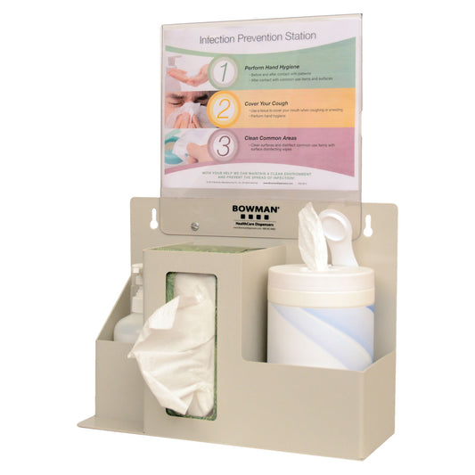 Infection Prevention Organizer, Holds (1-2) Boxes of Tissue or (1) Box of Gloves, (1) Hand Sanitizer Bottle & a Variety of Sizes of Wet Wipe Canisters, 11"W x 8_"H Sign Holder (MP-075) Included, Optional Floor Stands (KS010-0412 or KS201-0029 - Sold Separately), Keyholes For Wall Mounting or Floor Stand Mounting, or Sits on the Counter, Quartz ABS Plastic & Clear PETG Plastic, 15"W x 11 3/8"H x 5_"D, 1/cs (Made in USA)