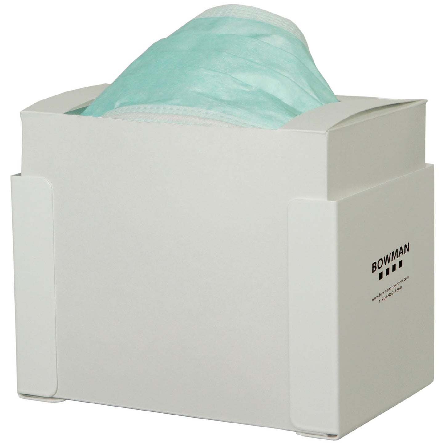 Face Mask Dispenser, Surgical Tie Style, Holds One Box of Tie Style Face Masks, Two Sets of Keyholes For Dual Position Wall Mounting, White Powder Coated Metal, 7 7/16"W x 4_"H x 4 13/16"D (Made in USA)