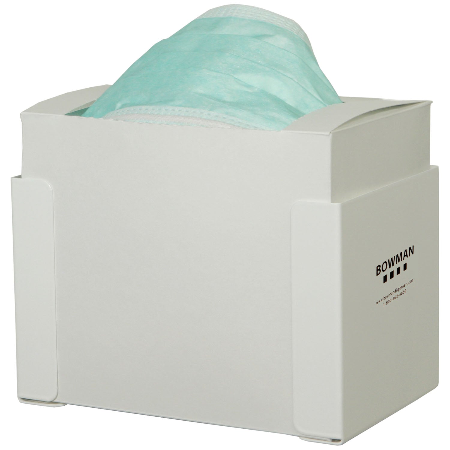 Face Mask Dispenser, Surgical Tie Style, Holds One Box of Tie Style Face Masks, Two Sets of Keyholes For Dual Position Wall Mounting, White Powder Coated Metal, 7 7/16"W x 4_"H x 4 13/16"D (Made in USA)