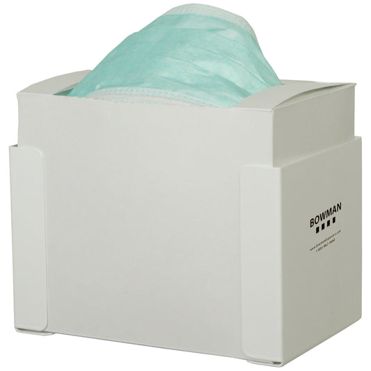 Face Mask Dispenser, Surgical Tie Style, Holds One Box of Tie Style Face Masks, Two Sets of Keyholes For Dual Position Wall Mounting, White Powder Coated Metal, 7 7/16"W x 4_"H x 4 13/16"D (Made in USA)
