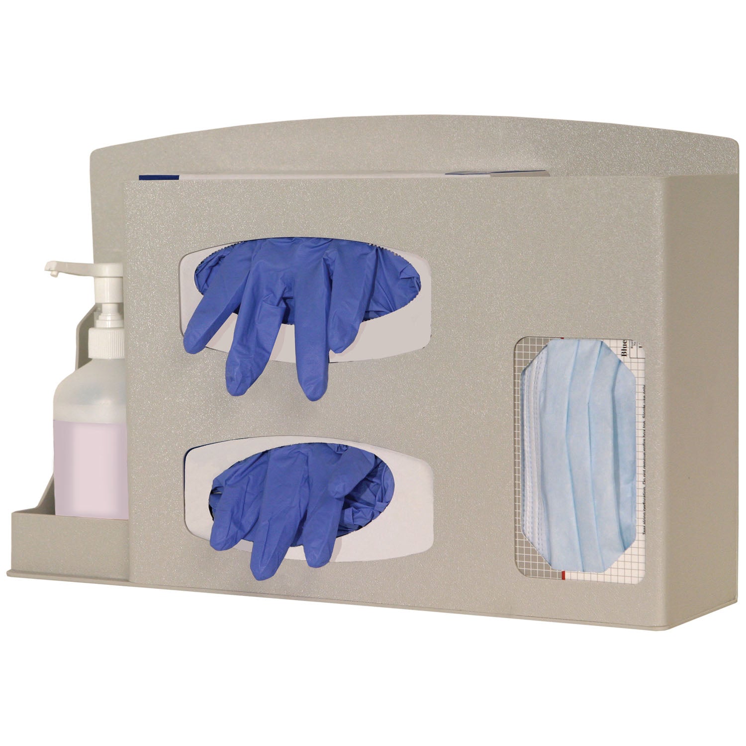 Infection Prevention Organizer, Holds Two Boxes of Gloves, One Box of Face Masks, (1) Hand Sanitizer Bottle, Optional Floor Stand KS010-0412 or KS201-0029 (sold separately), Keyholes For Wall Mounting, Sits on Counter or Mounts to Floor Stand, Quartz ABS Plastic, 18_"W x 11 5/8"H x 4_"D (Made in USA)