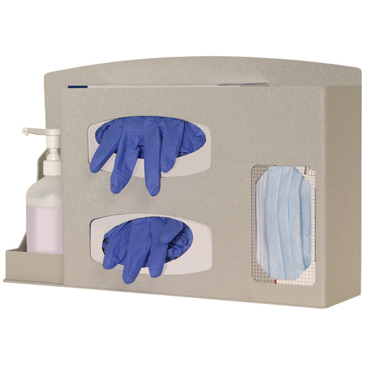 Infection Prevention Organizer, Holds Two Boxes of Gloves, One Box of Face Masks, (1) Hand Sanitizer Bottle, Optional Floor Stand KS010-0412 or KS201-0029 (sold separately), Keyholes For Wall Mounting, Sits on Counter or Mounts to Floor Stand, Quartz ABS Plastic, 18_"W x 11 5/8"H x 4_"D (Made in USA)