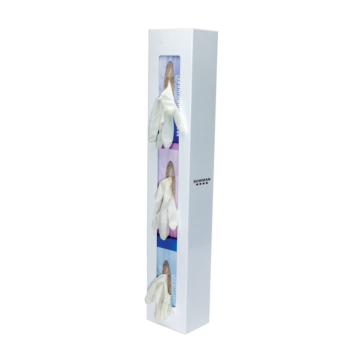 Glove Box Dispenser, Triple, Space Saver, Holds Three Boxes of Gloves (End-to-End), Two-Way Keyholes For Vertical or Horizontal Wall Mounting, White Powder Coated Steel, 5_"W x 30 1/16"H x 3 15/16"D (Made in USA)