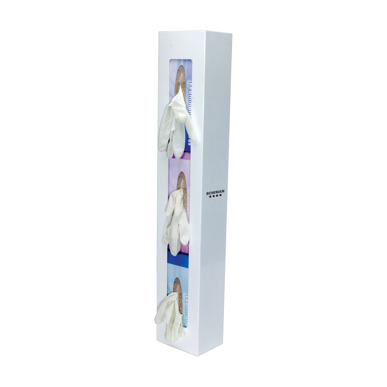 Glove Box Dispenser, Triple, Space Saver, Holds Three Boxes of Gloves (End-to-End), Two-Way Keyholes For Vertical or Horizontal Wall Mounting, White Powder Coated Steel, 5_"W x 30 1/16"H x 3 15/16"D (Made in USA)