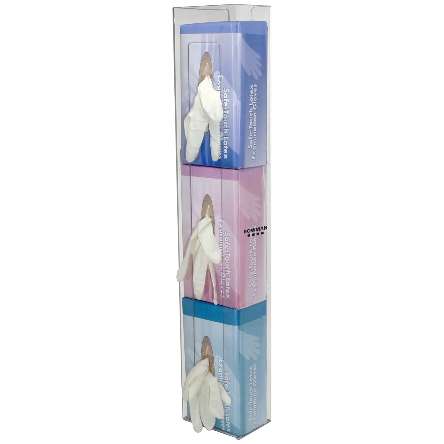 Glove Box Dispenser, Triple, Space Saver, Holds Three Boxes of Gloves (End-to-End), Two-Way Keyholes For Vertical or Horizontal Wall Mounting, Clear PETG Plastic, 5_"W x 30 1/8"H x 3 15/16"D (Made in USA)