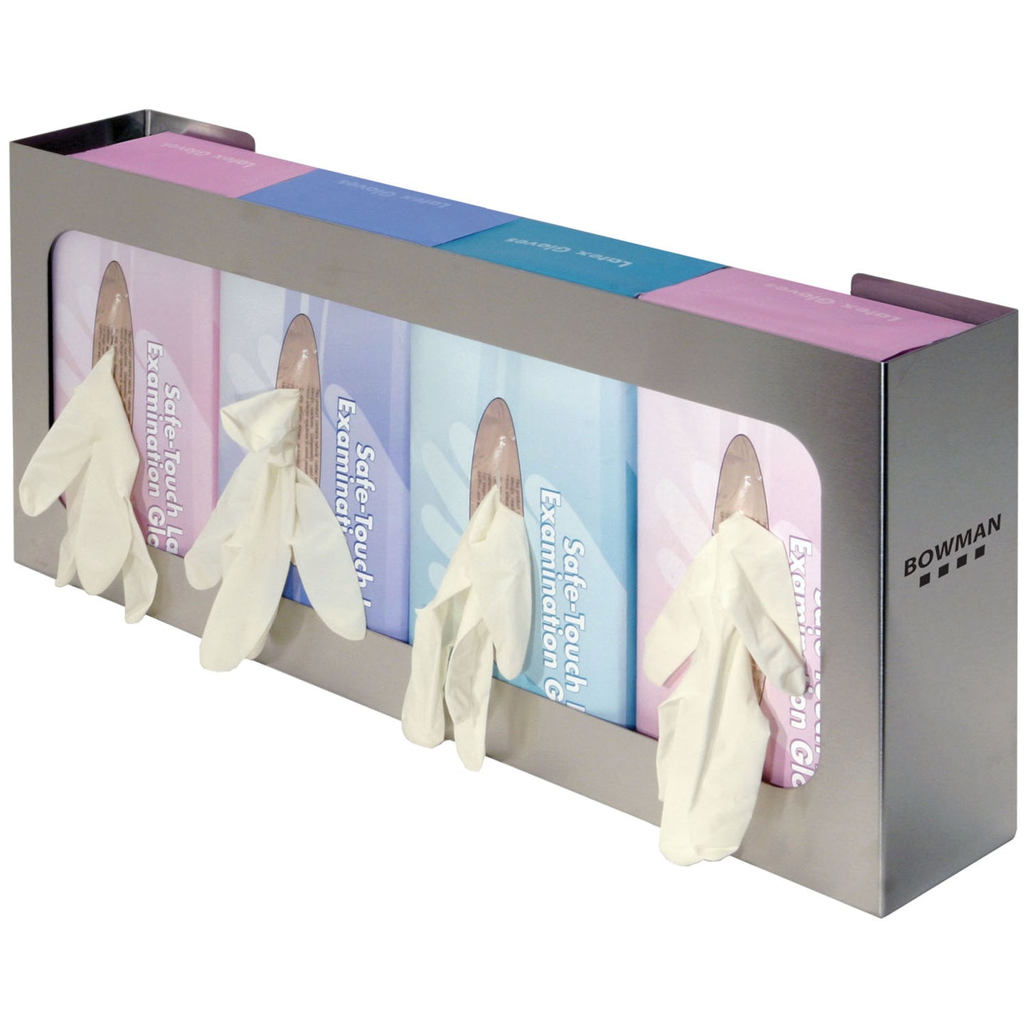 Glove Box Dispenser, Quad, Holds Four Boxes of Gloves, Three-Way Keyholes For Vertical or Horizontal Wall Mounting, Stainless Steel, 22 5/16"W x 10"H x 3 13/16"D (Made in USA)
