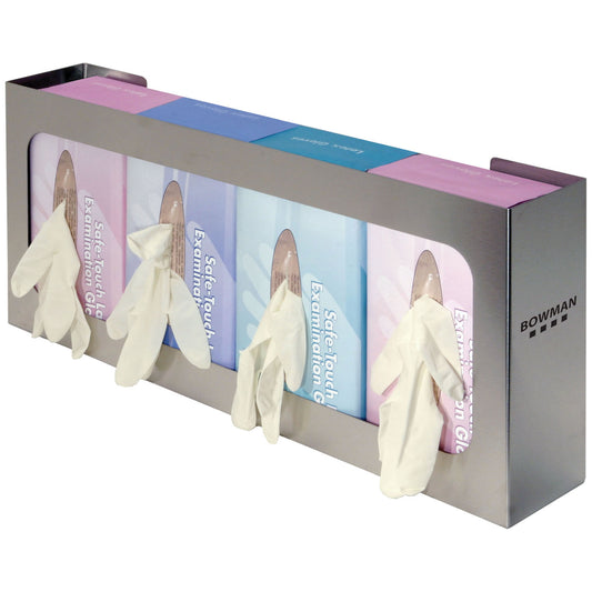 Glove Box Dispenser, Quad, Holds Four Boxes of Gloves, Three-Way Keyholes For Vertical or Horizontal Wall Mounting, Stainless Steel, 22 5/16"W x 10"H x 3 13/16"D (Made in USA)