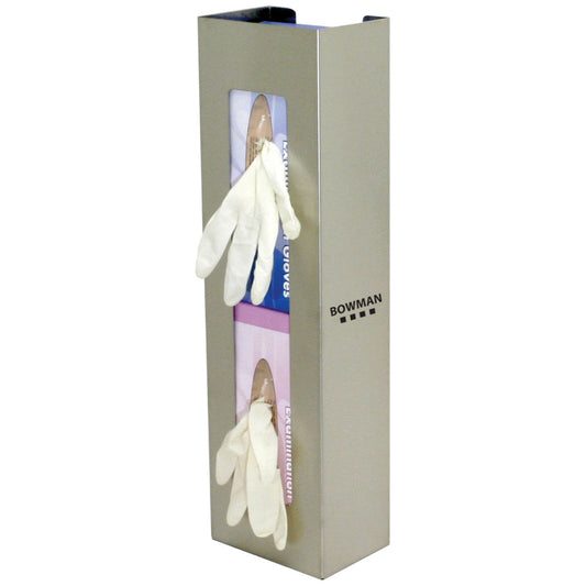 Glove Box Dispenser, Double, Space Saver, Holds Two Boxes of Gloves (End-to-End), Two-Way Keyholes For Vertical or Horizontal Wall Mounting, Stainless Steel, 5  5/8"W x 20"H x 3 15/16"D (Made in USA)
