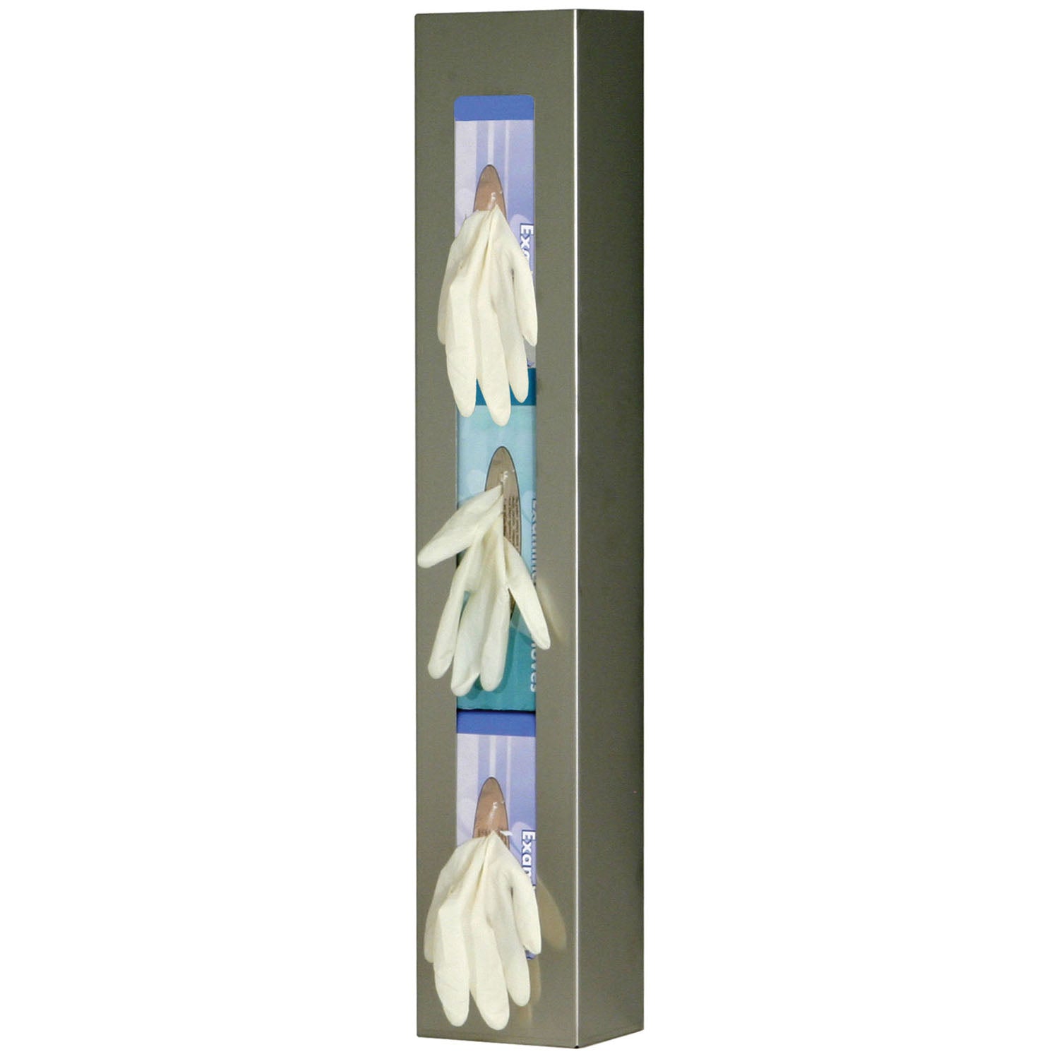 Glove Box Dispenser, Triple, Space Saver, Holds Three Boxes of Gloves (End-to-End), Two-Way Keyholes For Vertical or Horizontal Wall Mounting, Stainless Steel, 5_"W x 30 1/16"H x 3 15/16"D (Made in USA)