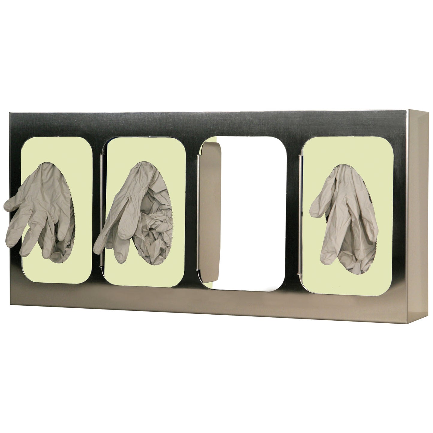 Glove Box Dispenser, Quad with Dividers, Holds Four Boxes of Gloves, Two-Way Keyholes For Vertical or Horizontal Wall Mounting, Stainless Steel, 21 3/16"W x 10"H x 3 13/16"D (Made in USA)
