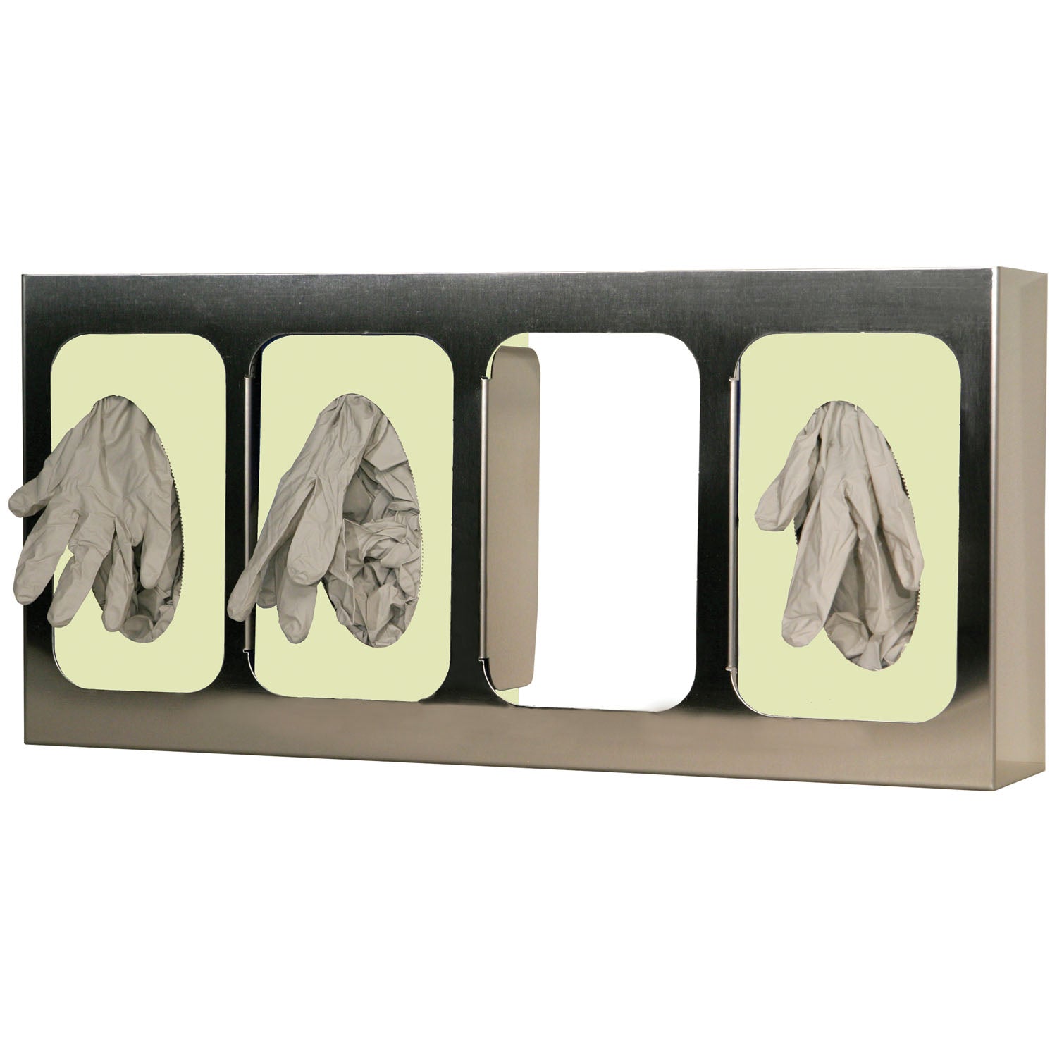 Glove Box Dispenser, Quad with Dividers, Holds Four Boxes of Gloves, Two-Way Keyholes For Vertical or Horizontal Wall Mounting, Stainless Steel, 21 3/16"W x 10"H x 3 13/16"D (Made in USA)