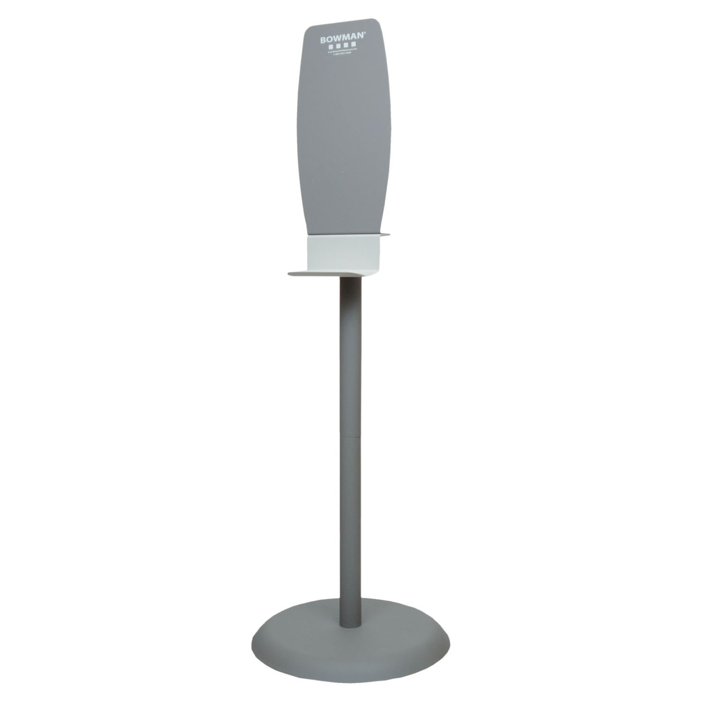 Floor Stand, Hand Sanitizer, Standard Back Plate For Use with Sanitizer, Hand Lotion, or Foam Dispensers (No tools required for assemble), Self-Righting Base (Up to 40 Degrees past center without dispenser) Optional Sign Holder (SN003-0212) Sold Separately, Bay Gray Powder Coated Steel (Back Plate, Column & Base), Quartz ABS Plastic Drip Tray, 18"W x 54_"H x 18"D (Back Plate & Drip Tray Made in USA)
