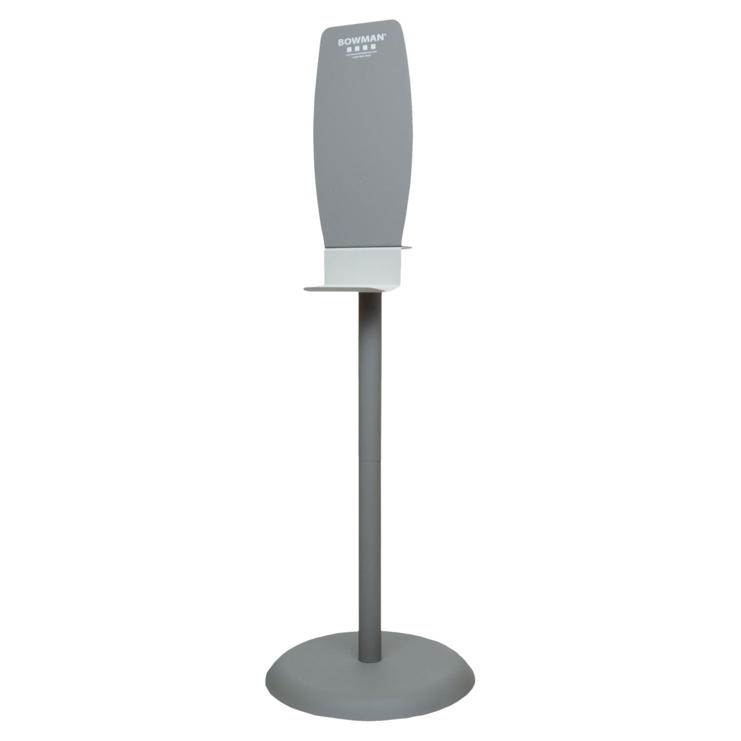 Floor Stand, Hand Sanitizer, Standard Back Plate For Use with Sanitizer, Hand Lotion, or Foam Dispensers (No tools required for assemble), Self-Righting Base (Up to 40 Degrees past center without dispenser) Optional Sign Holder (SN003-0212) Sold Separately, Bay Gray Powder Coated Steel (Back Plate, Column & Base), Quartz ABS Plastic Drip Tray, 18"W x 54_"H x 18"D (Back Plate & Drip Tray Made in USA)