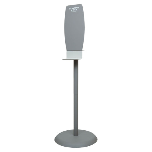 Floor Stand, Hand Sanitizer, Standard Back Plate For Use with Sanitizer, Hand Lotion, or Foam Dispensers (No tools required for assemble), Self-Righting Base (Up to 40 Degrees past center without dispenser) Optional Sign Holder (SN003-0212) Sold Separately, Bay Gray Powder Coated Steel (Back Plate, Column & Base), Quartz ABS Plastic Drip Tray, 18"W x 54_"H x 18"D (Back Plate & Drip Tray Made in USA)